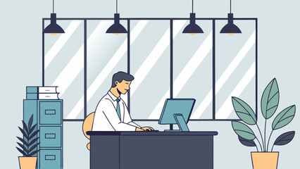 Man working at desk in modern office with plants and large windows