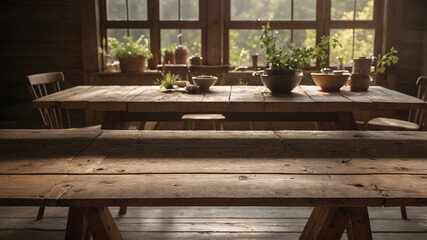 Obraz premium Cozy wooden dining table setup rustic kitchen photography natural light background inviting atmosphere