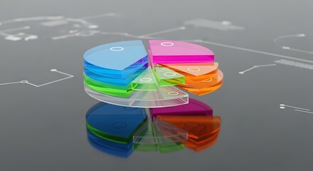 Layered Glass Pie Chart: Vibrant Data Visualization on Reflective Surface