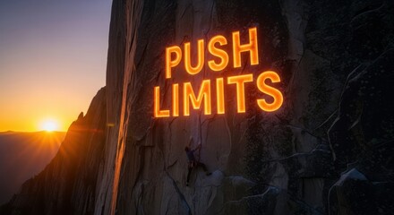 Climber Ascending Rocky Face, Motivational Sign "Push Limits"