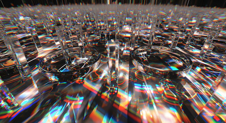 Abstract digital art with geometric shapes and vibrant colors, creating a complex and futuristic design.