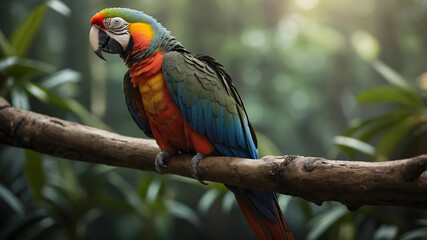 Obraz premium Vibrant parrot perched on a branch lush forest background wildlife photography natural environment close-up view colorful concept