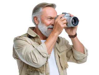 The seasoned photographer at work: A portrait of a senior photographer engrossed in capturing the perfect shot with professional gear, embodying the passion of the creative arts.