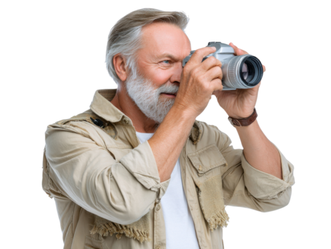 The seasoned photographer at work: A portrait of a senior photographer engrossed in capturing the perfect shot with professional gear, embodying the passion of the creative arts.