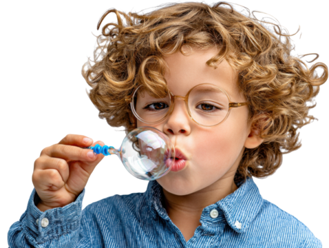 Bubbles of Wonder: A charming young boy with curly hair and glasses joyfully blows a shimmering bubble, captured in a close-up, celebrating the simple pleasure of childhood wonder. - Powered by Adobe