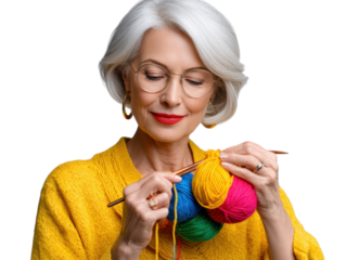 Serene Craftswoman with Colorful Yarn: A graceful craftswoman engrossed in the meticulous art of knitting, her expression one of focused tranquility as she works with vibrant skeins of colored yarn.