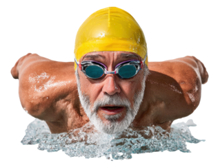 Swimming for Life: Captivating image of a senior swimmer gracefully gliding through water, his determined spirit mirroring the vitality of a life well-lived.
