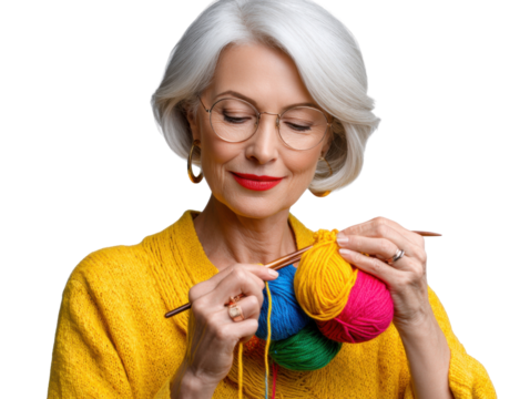 Serene Craftswoman with Colorful Yarn: A graceful craftswoman engrossed in the meticulous art of knitting, her expression one of focused tranquility as she works with vibrant skeins of colored yarn.