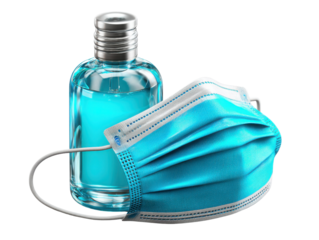 Protection and Prevention Essentials: A serene depiction of essential protective items, featuring a sleek sanitizer bottle and a crisp, unfolded face mask, showcasing hygiene and safety.