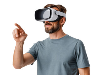 Fototapeta premium Virtual Reality Immersion: A man wearing a sleek VR headset and confidently reaching into a simulated environment, showcasing the fusion of technology and experience