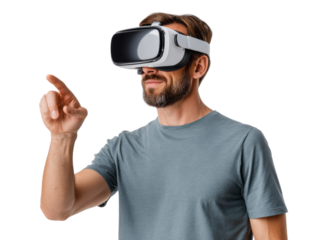 Virtual Reality Immersion: A man wearing a sleek VR headset and confidently reaching into a simulated environment, showcasing the fusion of technology and experience