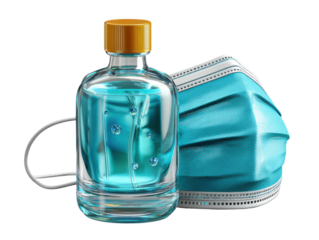Protection's Embrace: A transparent spray bottle of hand sanitizer alongside a pristine face mask, harmoniously arranged to showcase essential hygiene and safety measures.
