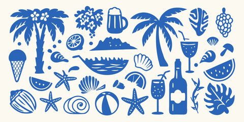 Obraz premium Vibrant blue summer vacation icons and symbols on a cream background
