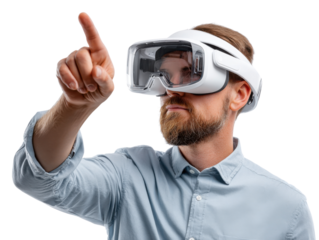 Virtual Reality Experience: A man immersed in a virtual reality experience, his finger pointing towards an unseen digital world, captured in a crisp, high-definition portrait