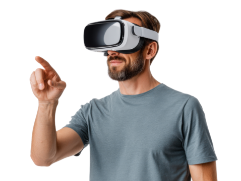 Virtual Reality Immersion: A man wearing a sleek VR headset and confidently reaching into a simulated environment, showcasing the fusion of technology and experience