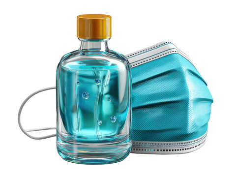 Protection's Embrace: A transparent spray bottle of hand sanitizer alongside a pristine face mask, harmoniously arranged to showcase essential hygiene and safety measures. - Powered by Adobe