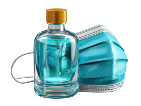 Protection's Embrace: A transparent spray bottle of hand sanitizer alongside a pristine face mask, harmoniously arranged to showcase essential hygiene and safety measures.