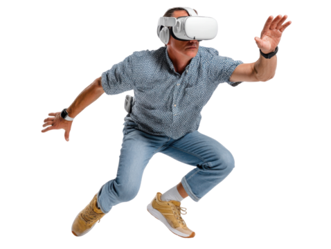 VR Experience: An individual immerses himself in a virtual reality headset, captured in mid-motion, representing the cutting-edge world of VR technology and augmented experience. 