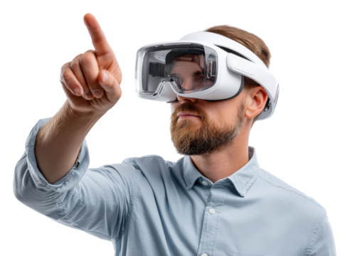 Virtual Reality Experience: A man immersed in a virtual reality experience, his finger pointing towards an unseen digital world, captured in a crisp, high-definition portrait