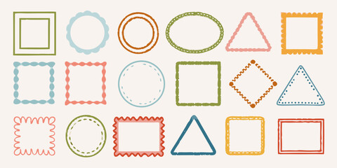 Collection of hand drawn decorative frames and borders in various shapes and colors