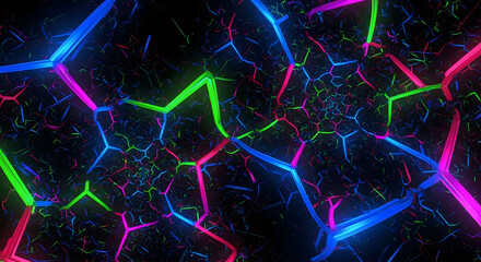 Abstract polygonal network with neon colors on a dark background.