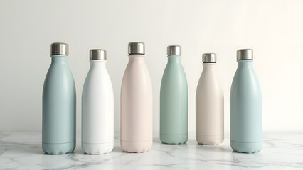 Elegant Reusable Bottles in Pastel Colors on Minimalistic Background