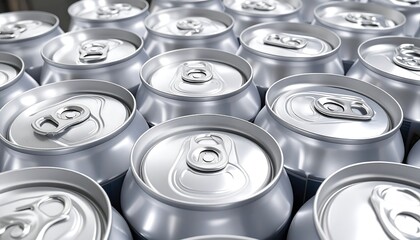 Close-up of many aluminum beverage cans.  Rows of shiny cans, tightly packed
