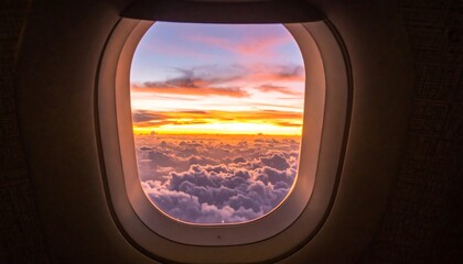 Airplane window view of a vibrant sunset over clouds