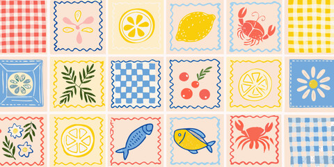 Whimsical hand drawn pattern of summer icons and checkered tiles © Pabitra