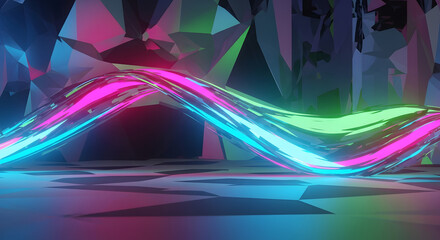 Abstract neon wave on geometric background, modern digital art.