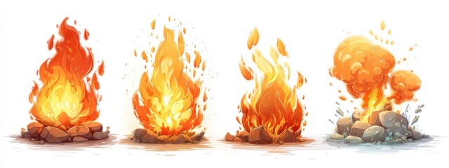 Four cartoon campfires, various flame heights