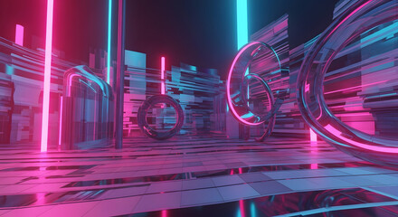 Futuristic city with neon lights and abstract architecture, creating a modern and vibrant scene.