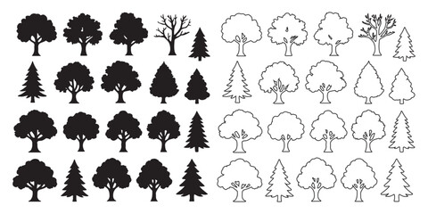 silhouette tree line drawing set, Side view, set of graphics trees elements outline symbol for architecture and landscape design drawing