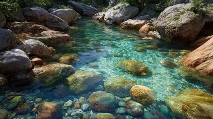 Turquoise stream flowing through rocky landscape