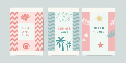 Set of three flat design summer posters with beach and tropical motifs and text