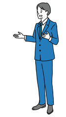 Illustration of a young man in a suit talking, full-body shot