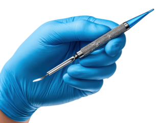 Precision Grip: A close-up shot of a hand clad in a protective blue glove delicately holding a scalpel, a symbol of surgical precision and medical expertise. 