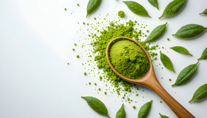 Matcha Powder in Wooden Spoon with Fresh Tea Leaves &ndash; Healthy Ingredient Flat Lay