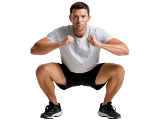Power Squat: A muscular man engages in a power squat, showcasing strength and physical prowess in a dynamic pose, embodying fitness and determination.
