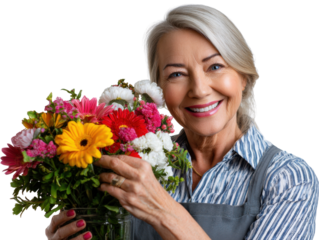 Radiant Blooms: A smiling elder holds a vibrant bouquet of diverse blossoms, a picture of floral and natural beauty, capturing the joy of flowers.