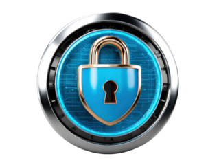 Digital Fortress: A sleek, futuristic padlock icon, exuding an aura of digital security and protection. Featuring a striking blue shield and metallic accents.