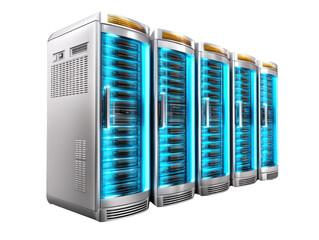 Digital Powerhouse: A row of sleek servers, illuminated with cool blue light, represents the backbone of modern data infrastructure, symbolizing cutting-edge technology and the power of connectivity.