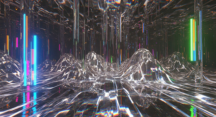 Abstract landscape with neon lights and reflective surfaces.
