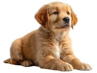 Golden Retriever Puppy: A cute, fluffy golden retriever puppy, full of youthful energy and charm, rests comfortably, captivating hearts with its adorable expression and innocent gaze.