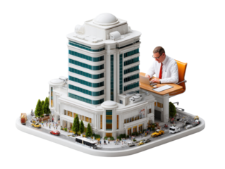Executive overseeing the City: An executive attentively works at his desk, with a miniature city featuring detailed buildings and bustling streets in a realistic presentation.