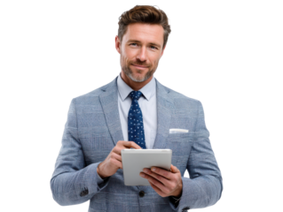 Confident Professional Engaged in Business: A focused professional, impeccably dressed in a tailored suit and tie, engages with a tablet. Capturing the essence of business-focused engagement.