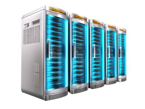 Digital Powerhouse: A row of sleek servers, illuminated with cool blue light, represents the backbone of modern data infrastructure, symbolizing cutting-edge technology and the power of connectivity.