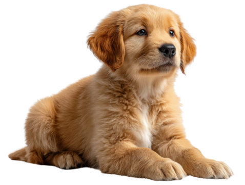 Golden Retriever Puppy: A cute, fluffy golden retriever puppy, full of youthful energy and charm, rests comfortably, captivating hearts with its adorable expression and innocent gaze. - Powered by Adobe