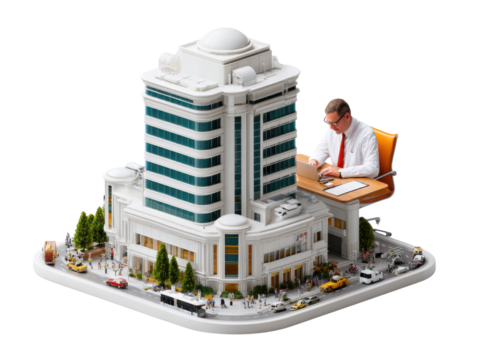 Executive overseeing the City: An executive attentively works at his desk, with a miniature city featuring detailed buildings and bustling streets in a realistic presentation.