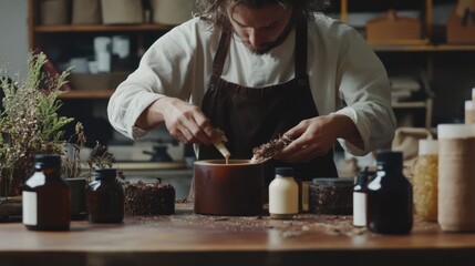 Craftsperson meticulously mixing natural ingredients.